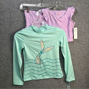 Girls 3 Piece Swim Size 7-8 HoneyMark Lavender Suit Cat Jack Teal Rash Guard New